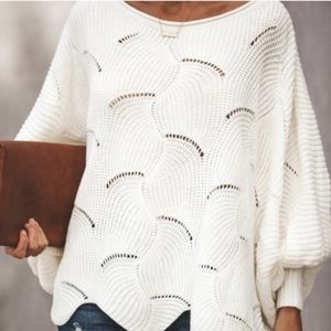 VICI Noemi Dolman Knit Scalloped Hem Cream Sweater small